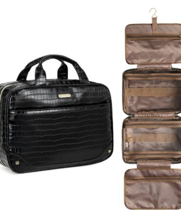 Toiletry Bag for women / men Leather Travel Bag Water-resistant Large Makeup Cosmetic Bag Travel Organizer for Accessories with Hanging Hook, Full Sized Container, Toiletries