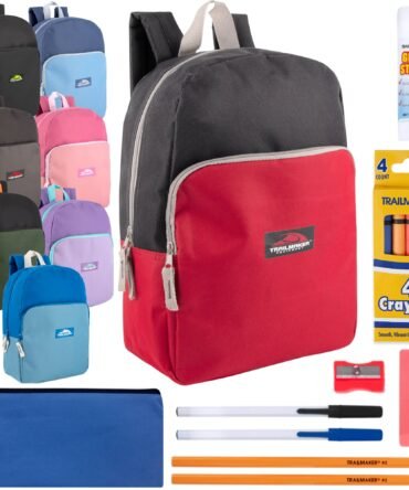 15-inch Bulk Trailmaker Promo Backpack with 12-Piece School Supplies Kit - 8 Colors